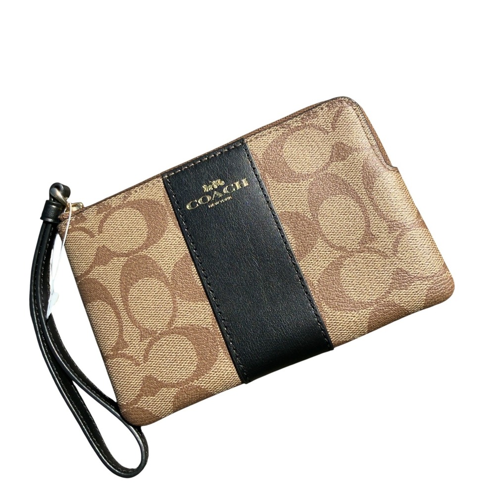 Coach Signature Logo Wristlet Wallet Brown Black Zip Top C2248 F58035